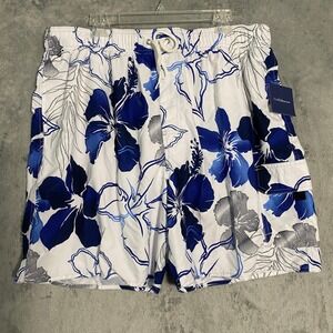 Croft & Barrow Swim‎ Trunks Sz XXL White Blue Floral Hibiscus Cargo Pocket New